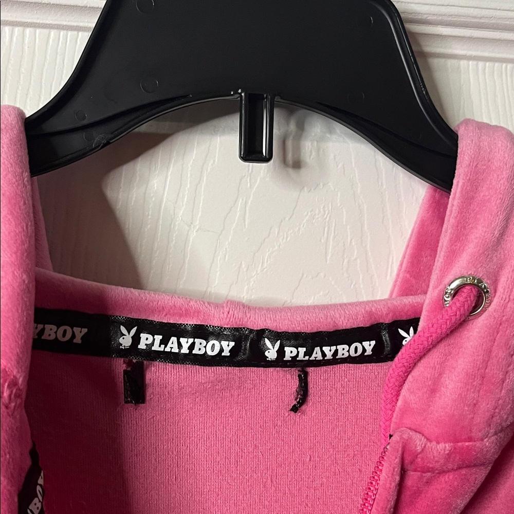 PLAYBOY Pink Velour Full Zip Hoodie Rhinestone Bunny Logo Size Small - Picture 2 of 9